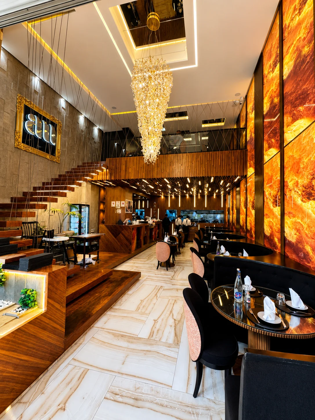Grand Dining Room with Illuminated Fire Onyx Walls