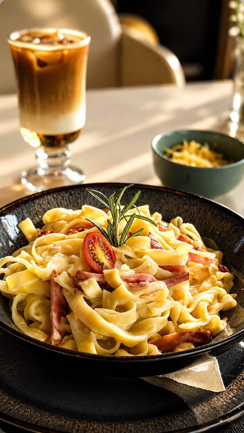 Tagliatelle Carbonara & Iced Latte